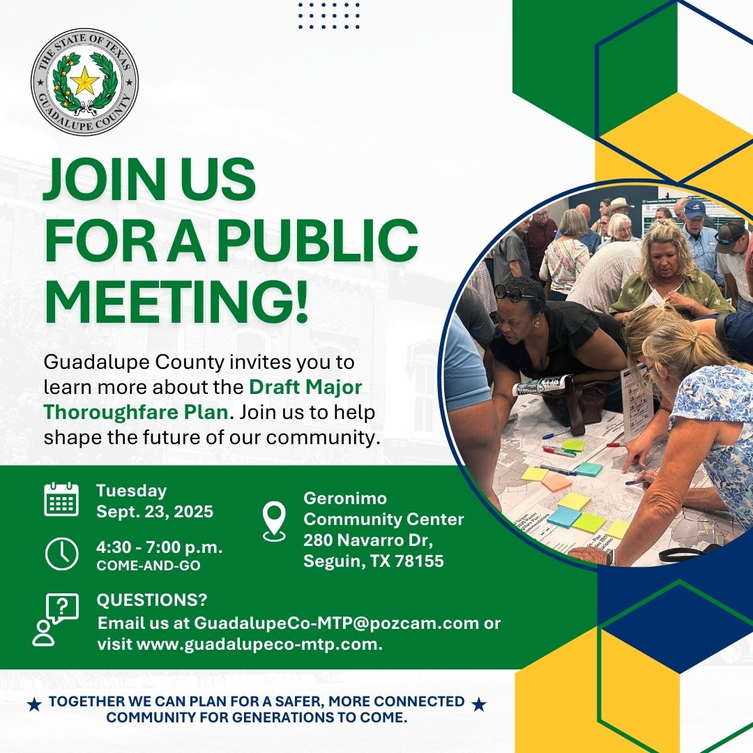 Graphic for public meeting on Guadalupe County draft master thoroughfare plan scheduled for Sept. 23, 4:30-7 PM.